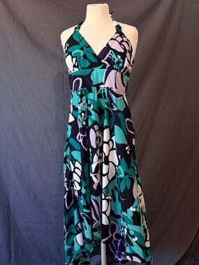 Jessica Simpson Floral Halter Maxi Dress Sz 12 Teal Purple High Low Resort Boho